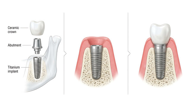 Dental implant procedure with ceramic crown, abutment, and titanium implant in jawbone, 3d illustration