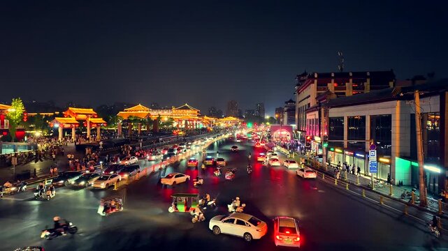 Busy Night Traffic in Xi'an China City Center
