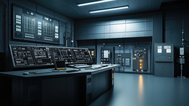 Futuristic command center with a large console and multiple screens displaying complex data, schematics and dashboards for monitoring critical operations and network systems