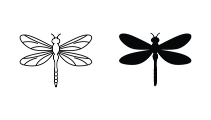 Top view dragonfly vector icon set showing symmetrical insect wings and body in outline and solid black silhouette for biology illustrations © Opulent