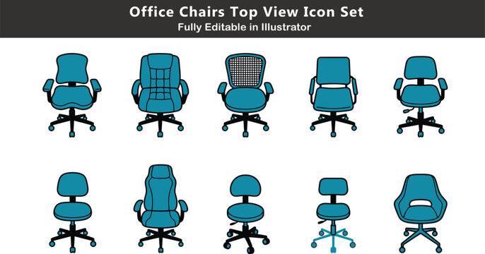 Office chair vector icons set, ergonomic swivel chair, executive leather seat, mesh office chair, workstation seating, modern furniture design icons