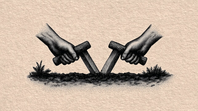 Two Hands from Opposing Sides Lowering Identical Weapons into the Ground Together - Pacifism and Reconciliation, Black and White Ink Illustration

