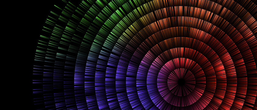 Futuristic colorful circular light trails and abstract data visualization tunnel on deep black background illustration
