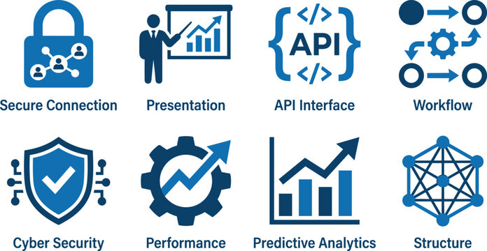 Set of blue business and technology icons including secure connection presentation api interface workflow and structure.