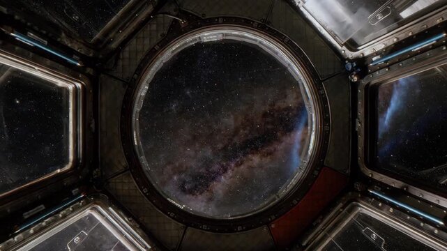 Interior view of octagonal space station window with starry sky