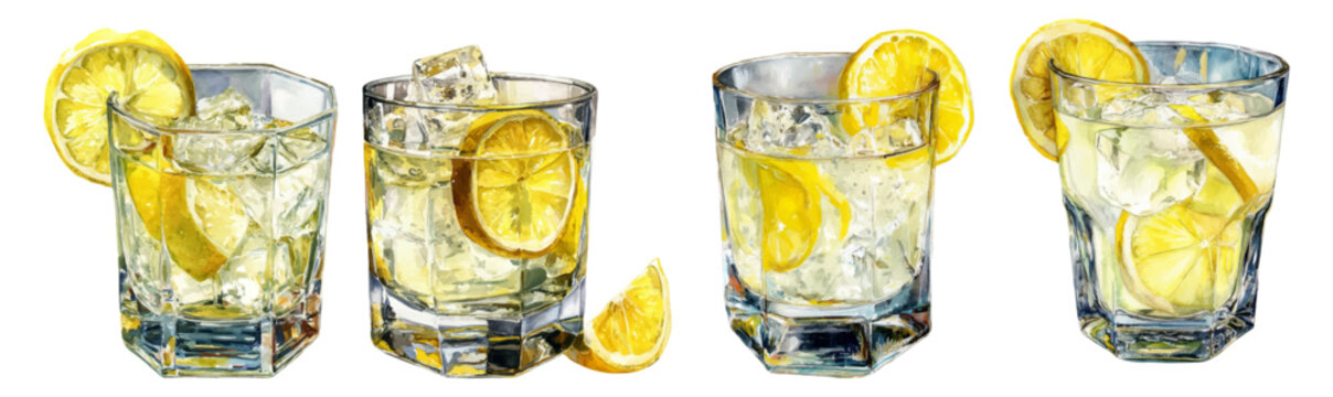 Refreshing watercolor lemon drinks, hydrating summer beverages with citrus slices and ice, illustrated art for healthy refreshment and natural ingredients