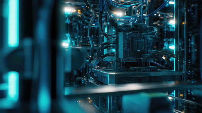 Server racks with intricate circuit boards connected by cables, illuminating a powerful data center environment for next generation artificial intelligence and high performance computation