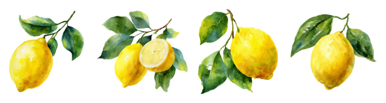 Hand painted watercolor lemon collection featuring fresh citrus fruits, green leaves, and sliced elements, illustrating organic healthy food and natural beverage concepts