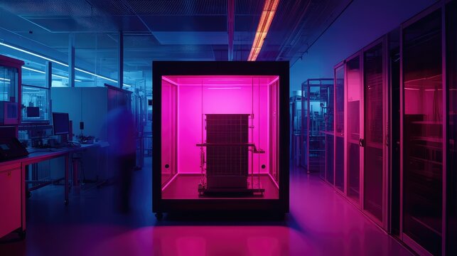 Quantum computer hardware bathed in pink and blue neon, futuristic lab interior showcasing advanced servers and glowing circuitry for ai, data processing, and research innovation