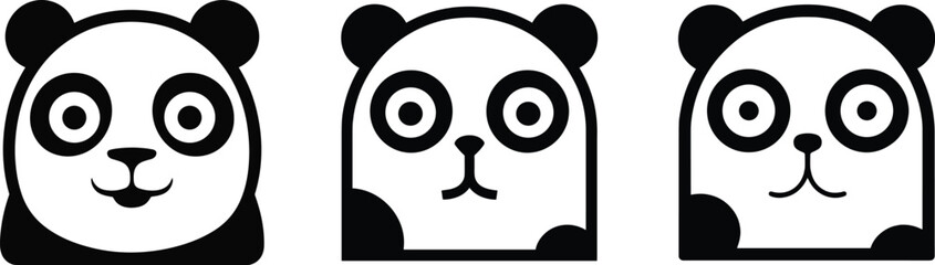 Cute panda face icons set, cartoon bear head collection, black and white animal avatars, minimal vector illustration pack © Nure Afrin