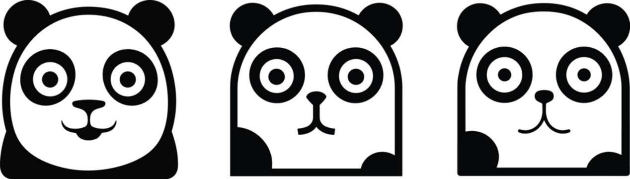 Cute panda face icons set, cartoon bear head collection, black and white animal avatars, minimal vector illustration pack