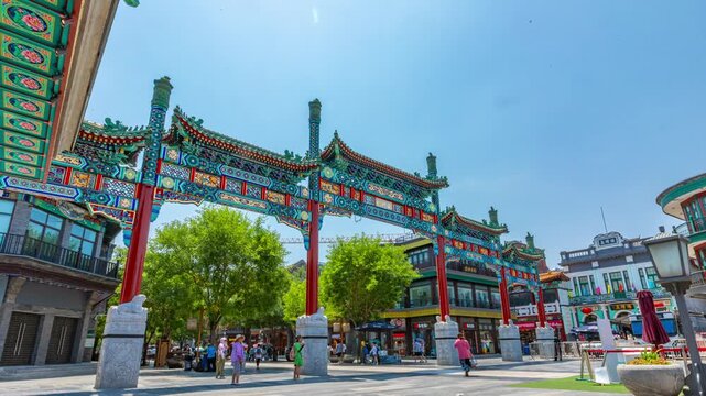 Colorful Chinese Archway on Busy Urban Pedestrian Street