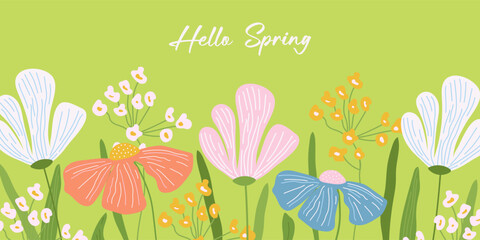 A hand-drawn floral background for spring or summer. An illustration of spring flowers suitable for designing seasonal greeting cards or banners. A botanical pattern featuring a meadow of wildflowers. © Katerina