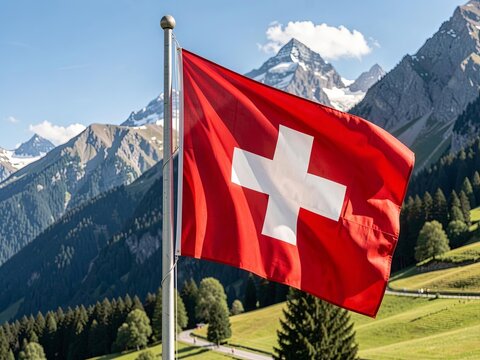 National flag of Switzerland waving on silver pole against alpine landscape. Red field with white cross stands out vividly amid green valleys, snowy peaks, and clear blue sky.