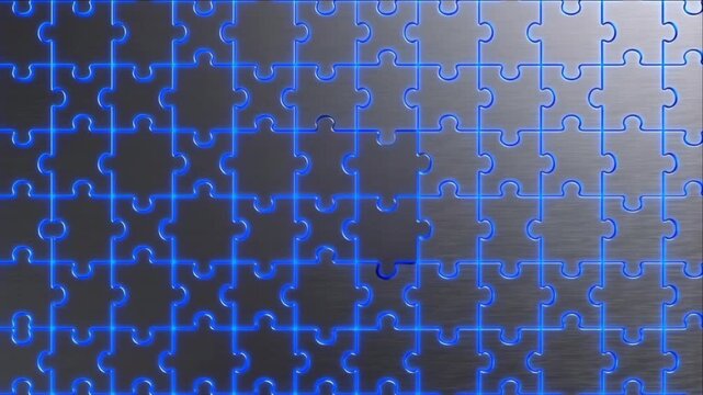 ビジネスソリューションを象徴するパズルの嵌合と青く発光する精密背景