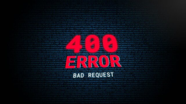 A futuristic error screen displays a 400 bad request message on a dark digital background with red and white text indicating a technical issue.. High quality 4K Footage.