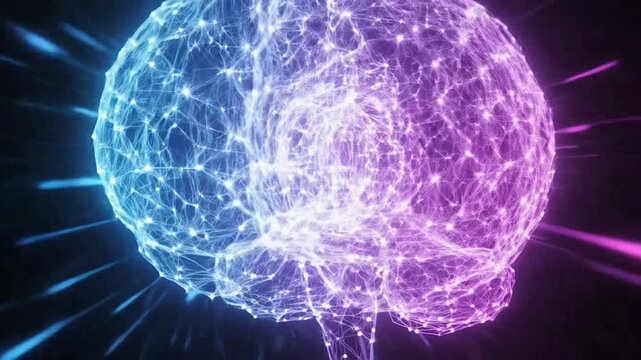 Glowing wireframe human brain with blue and purple light streaks in a digital space