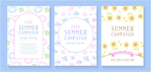 パステルカラーの朝顔・紫陽花・ひまわりを使った夏キャンペーン縦型テンプレートセット © cocirael