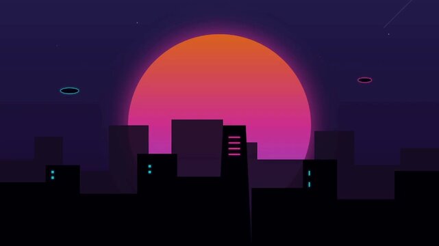 Retro futuristic city skyline at sunset featuring a vibrant gradient sun and minimalist flying objects ideal for synthwave and cyberpunk digital art