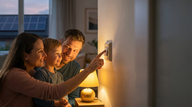Family Child Parents Light switch Lamp Home Evening Togetherness Happiness Warm light