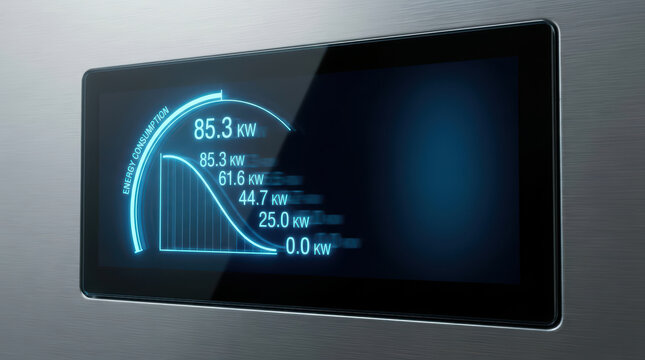 Energy consumption dashboard showing power usage in kilowatts with digital graph on sleek black screen, modern technology display for monitoring energy efficiency