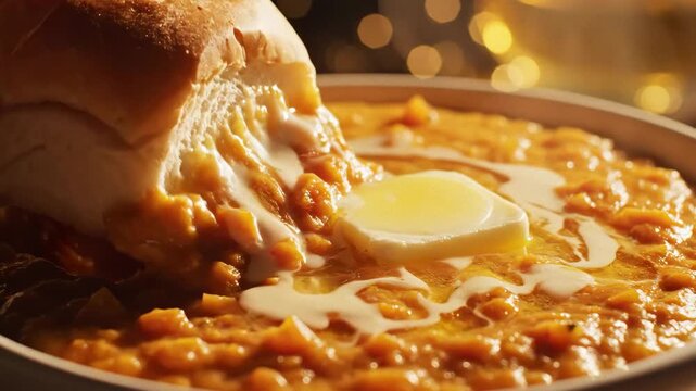 Close-up of spicy pav bhaji with melting butter and soft buns in a warm, bokeh restaurant setting.