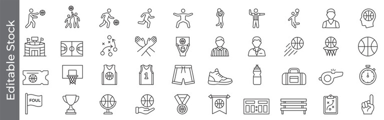 Basketball sport and coaching icon set – editable outline symbols of stadium, player, court, ball, coach, tactics, equipment and championship © marufpro555777