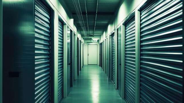 Long corridor featuring numerous closed metal roll up doors of individual storage units, creating a repeating pattern and leading towards a brightly lit exit door