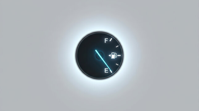 Fuel gauge needle dropping empty with glowing blue light on black dial, indicating low fuel level in vehicle tank, minimalistic design on gray background