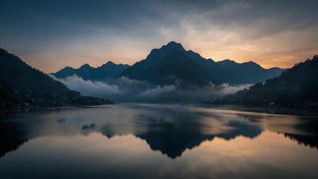 Misty Mountains Reflecting in Calm Lake at Sunrise Cinematic Landscape Nature Scene
