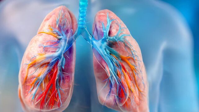 3D medical illustration of detailed human lung anatomy with airway structure