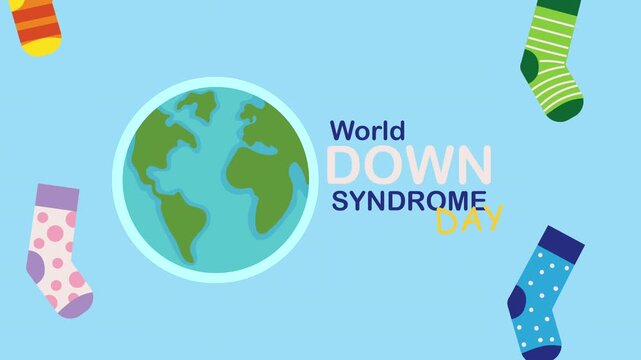 Animated World Down Syndrome Day greeting with swirling socks and globe.