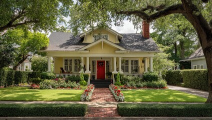 Fototapeta premium Charming yellow bungalow with vibrant red door, lush gardens, and mature trees