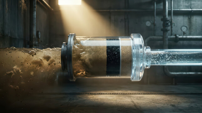 Water filter system cleaning polluted water with layered filtration media inside transparent pipe in industrial environment with light beam