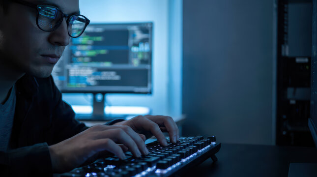 Programmer coding computer keyboard technology software developer screen glasses typing code workspace data IT digital monitor programming laptop network system engineer office cyber internet