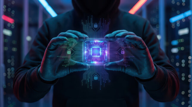 Glowing AI chip programmer hands digital security futuristic technology cyber protection data encryption circuit board technology innovation dark background glowing light