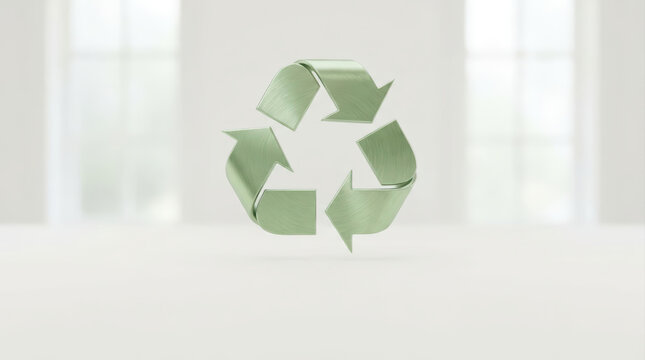 Recycling symbol rotating green metal arrows environmental concept sustainability eco friendly clean background minimal design circular arrows metal texture isolated icon