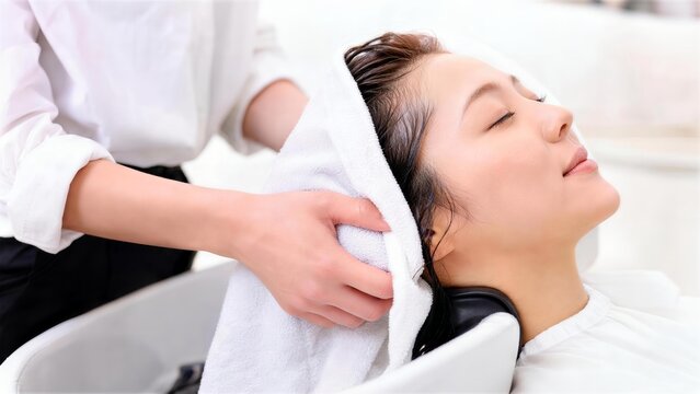 美容室のシャンプー台で女性客の髪をタオルで拭く美容師
