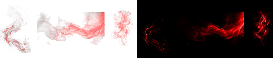 Set of isolated abstract red smoke plumes on transparent and black backgrounds. © Ontime Rahela