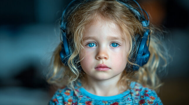 Young girl wearing blue headphones and a colorful shirt looks surprised or focused in a blurred background setting with a thoughtful expression on her face and blue eyes