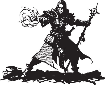 Fantasy Wizard Vector - Mage Staff Magic Sorcerer Dark RPG Character Clipart