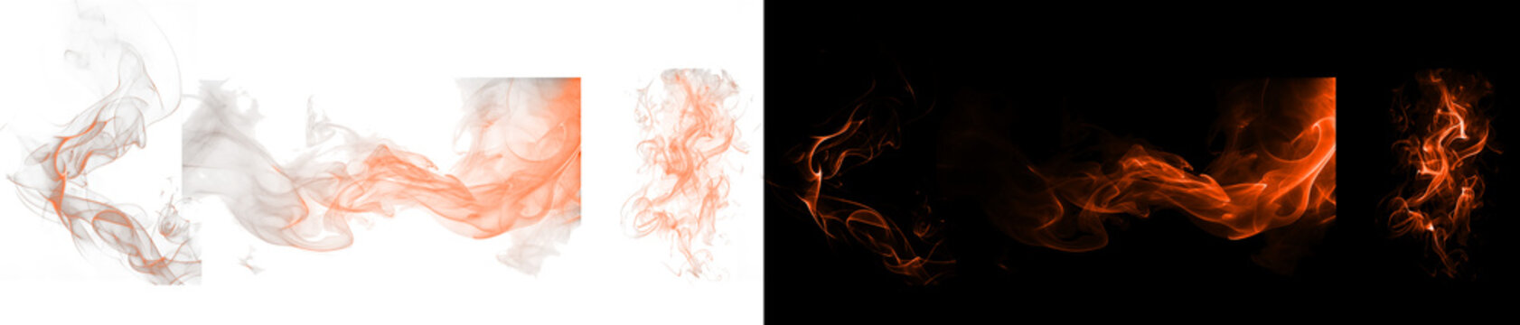 Orange smoke effects set for professional design on dark and clear canvases.