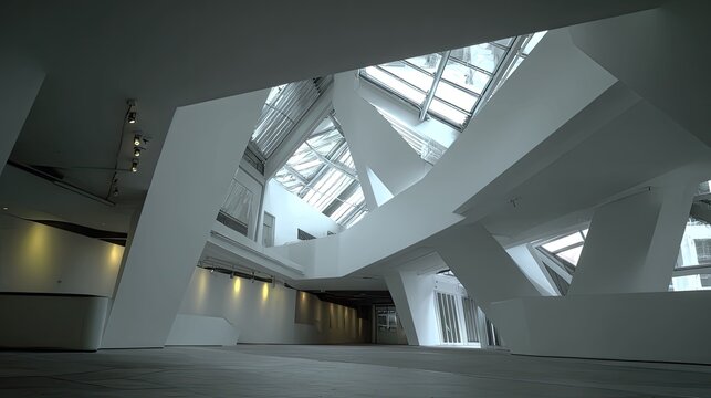 Abstract architectural interior creating an open, bright space with multiple skylights and angular walls, reflecting a modern and deconstructivist design aesthetic