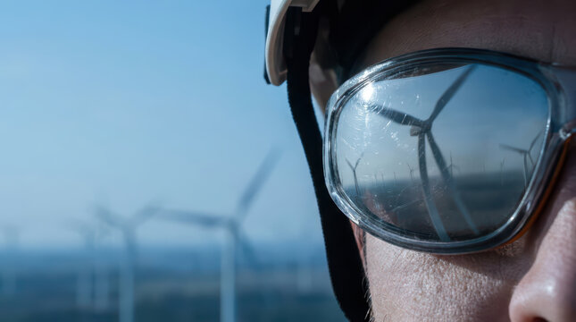 Wind turbine reflection on safety goggles of worker wearing helmet with blurred wind farm in background under clear sky