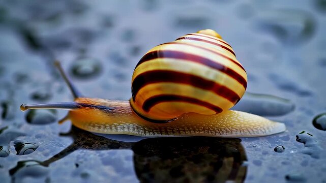 Colorful Snail Moving on Wet Surface.