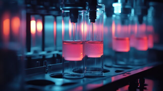 Laboratory automation filling multiple clear vials with vivid pink solution, bathed in blue and red glow, precision instrumentation for pharmaceutical and biochemical analysis