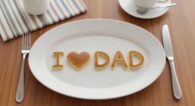 Father's day breakfast in bed 'i love dad' pancakes with coffee and silverware