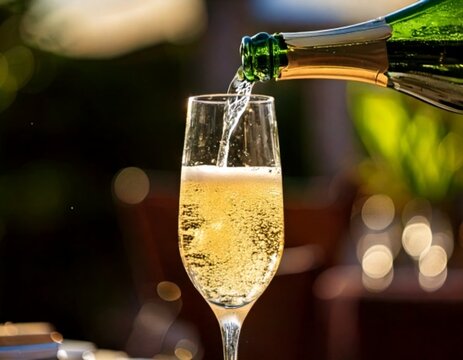 A close-up of sparkling wine or champagne being poured into a glass in front of a restaurant in the sunlight.