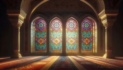 Obraz premium Beautiful islamic architecture with stained glass windows and ornate carpet.