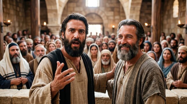 Apostles Paul and Barnabas preaching the gospel to a large crowd in a Jewish synagogue. Biblical scene depicting historical religious sermon and spiritual teaching from Acts 14.